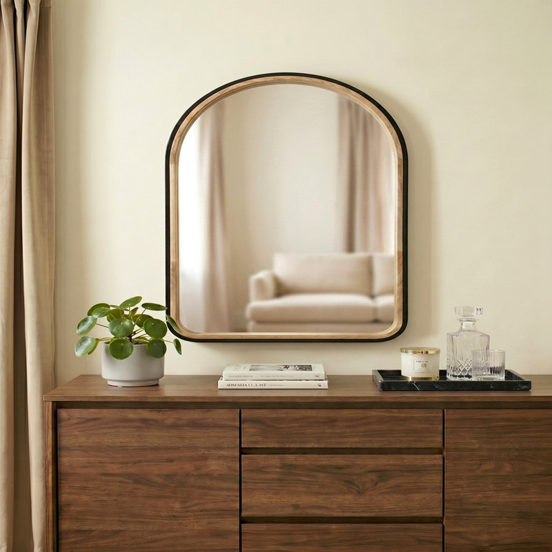 Miroir arqué 23,6 po x 35,4 po à deux tons noir mat et bois naturel
