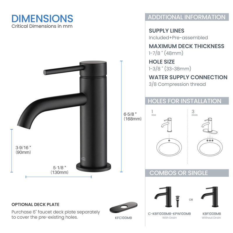 Robinet de salle de bain circulaire à installation monotrou, Noir mat, Système de drainage non compris