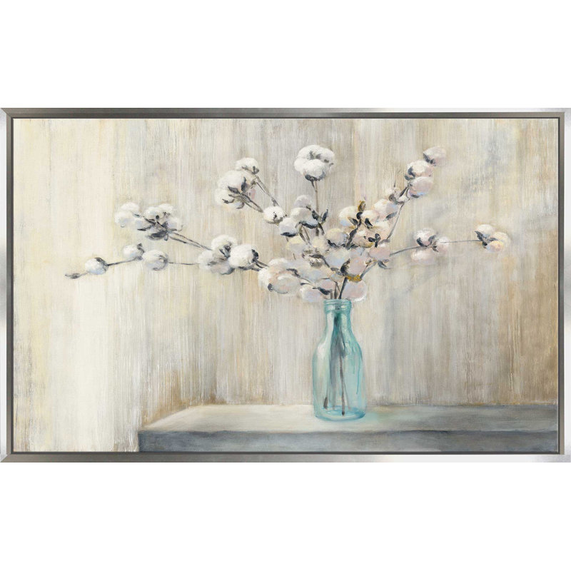 «Cotton Bouquet», reproduction de peinture acrylique, H 31,5 po x l 51,5 po x P 2 po, Cadre flottant argent