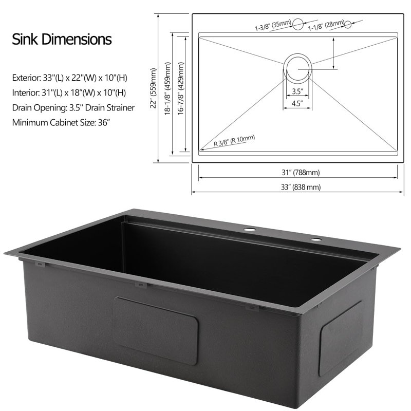 33'' L Single Bowl Stainless Steel Kitchen Sink, Gunmetal Black