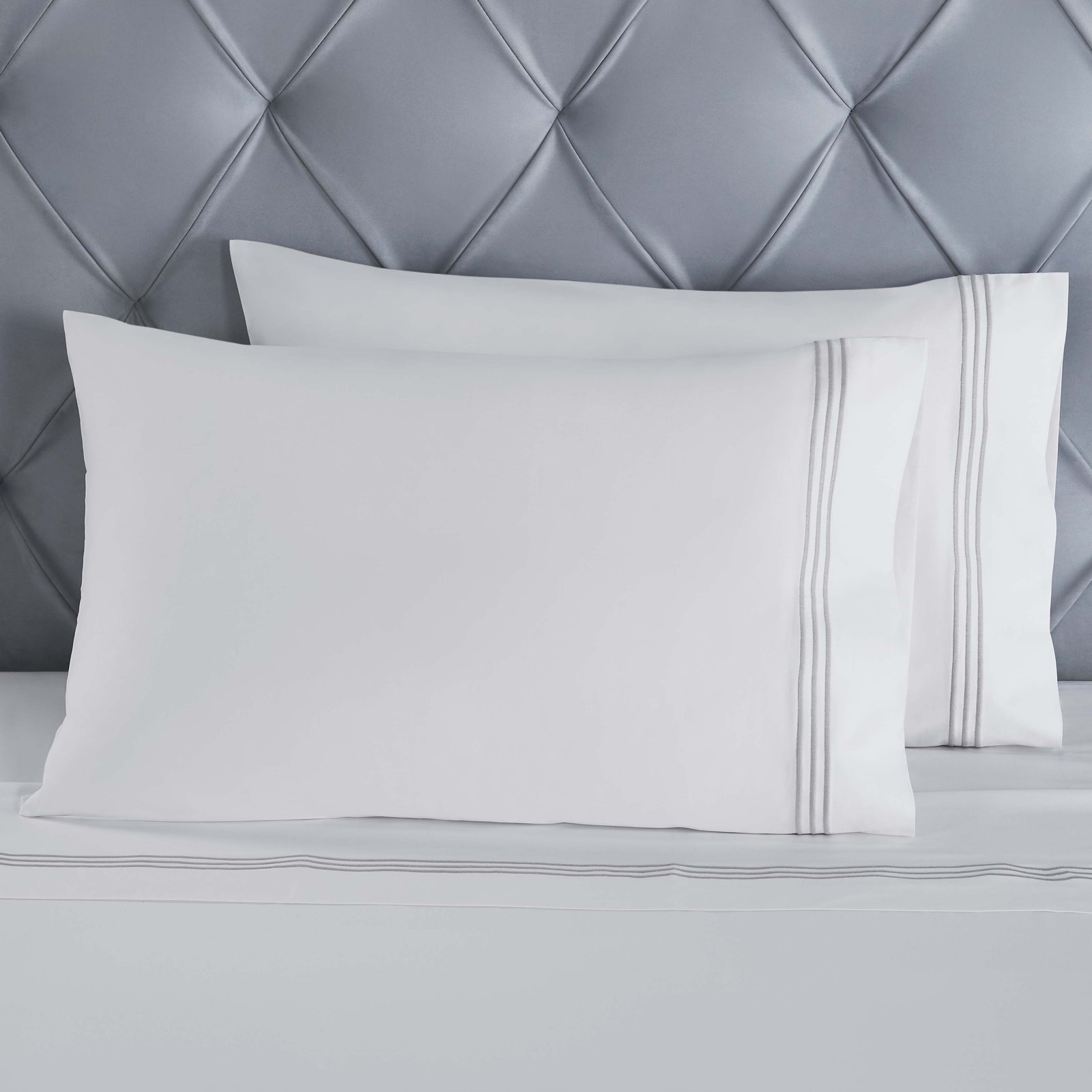 Brandon Cotton Three-Line Embroidered Deep Pocket Bed Sheet Set by Superior, Twin Sheet Set with 1 Pillowcase, White/Silver