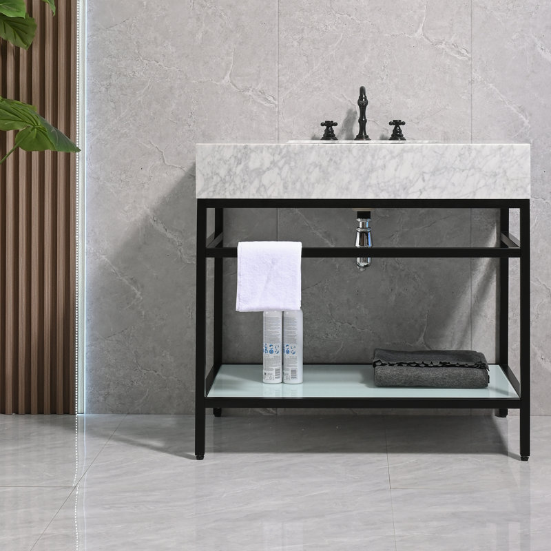 Meuble-lavabo 30 po en marbre de Carrare naturel avec lavabo, structure en acier inoxydable noir et tablette en verre, Noir