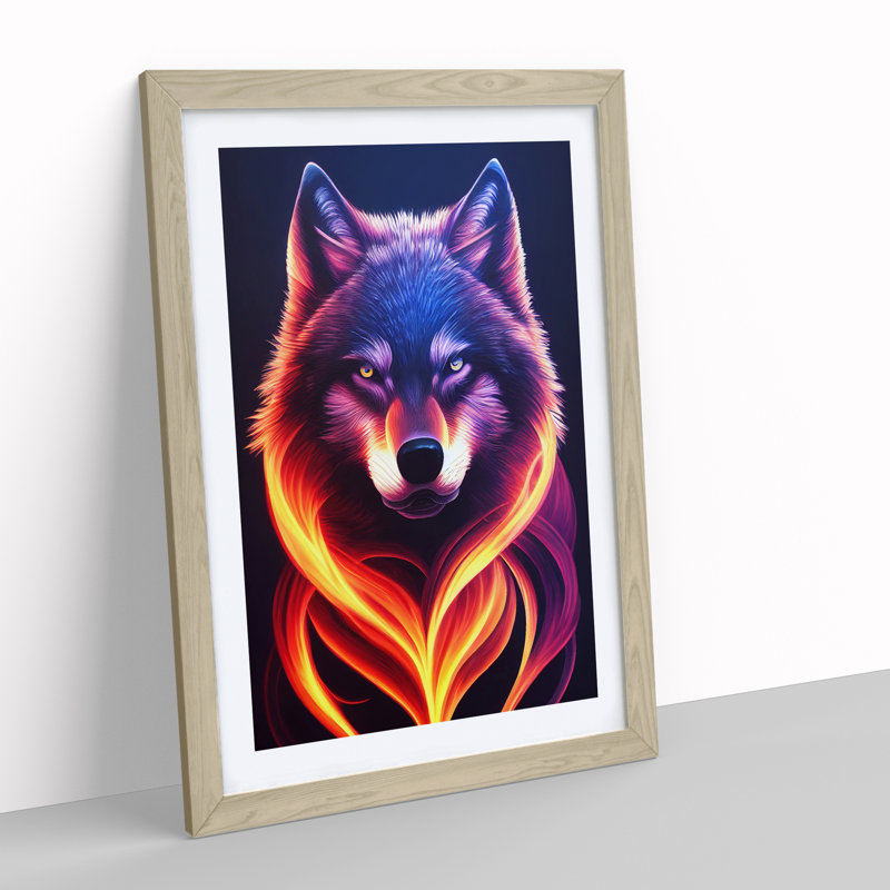 Wolf Flames - Wall Art, 36cm H x 27cm W, Oak Framed Paper, White
