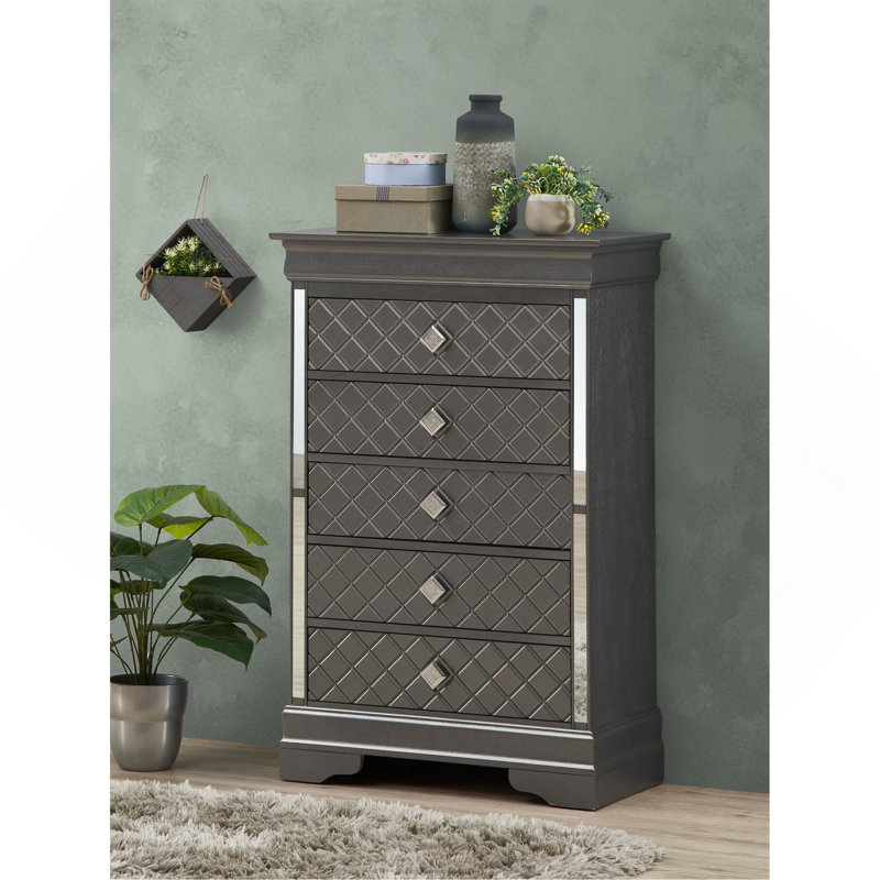 Commode verticale à 5 tiroirs avec façade texturée et poignées décoratives, Noir