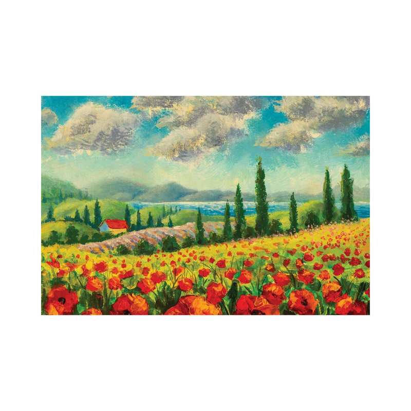Landscape with Cypress Trees, Red Poppies, Beautiful Sea and Mountains 1 Piece Wrapped Canvas Painting