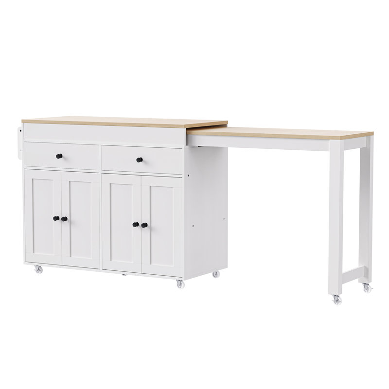 Îlot de cuisine avec table de salle à manger extensible 74,5 po K&K, Blanc