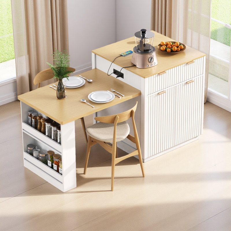Îlot de cuisine cannelé 82,6 po avec table de salle à manger extensible pour 4 à 6 personnes, table d'îlot de cuisine avec prise de courant, table de cuisine avec rangement double-face