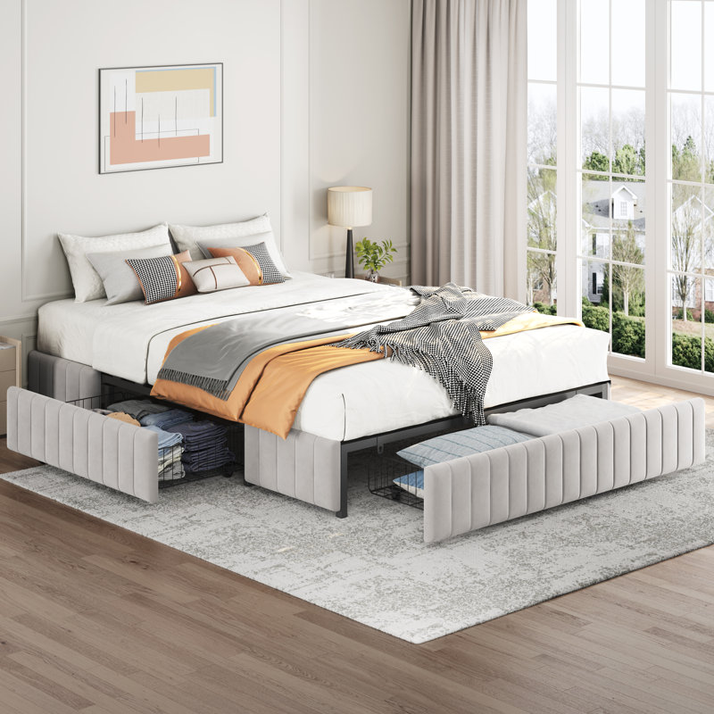 Lit plateforme tapissier avec rangement Argjirulla, Grand, Beige