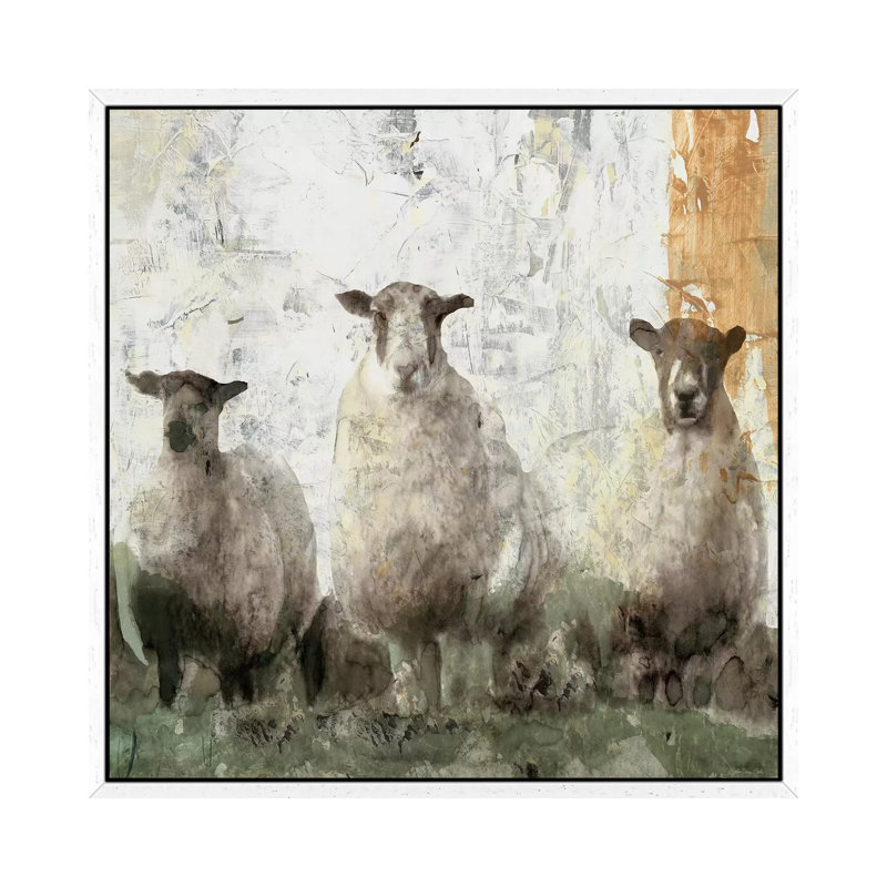 Three Sheep - Painting on Canvas, 45.72cm H x 45.72cm W x 3.81cm D, White Floater Framed
