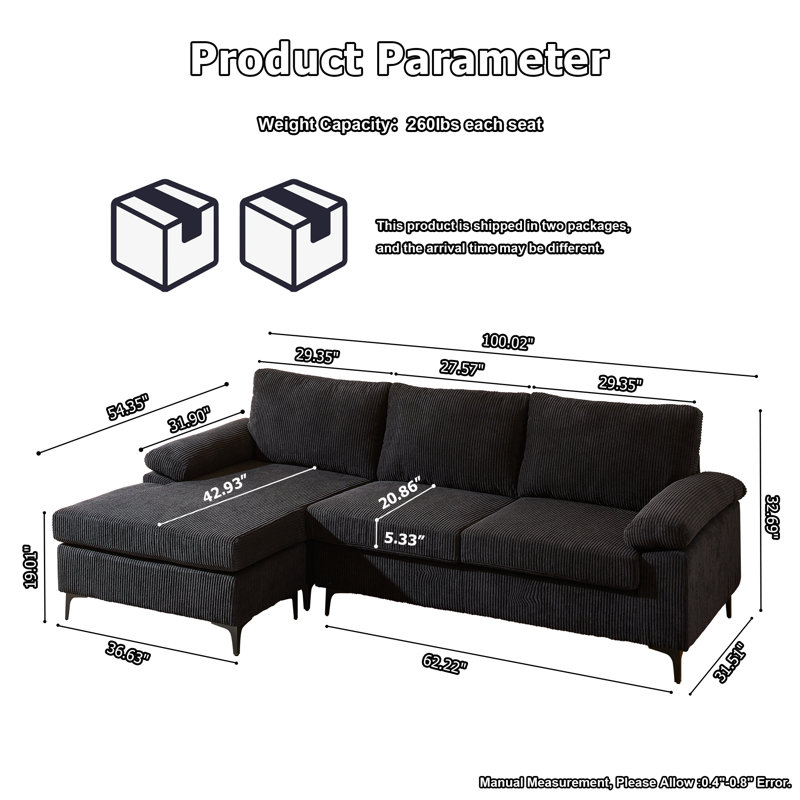Rita 100.02" Wide Upholstered Corduroy Modular Sectional Sofa, Black Corduroy