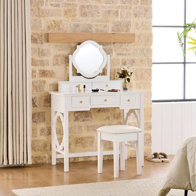 Space - Saving White Dressing Table With Reversible Mirror, Elegant Design Edge Molding, 5 Drawers For Cosmetics Storage, Stool Makeup Vanity Four Leaf And Golden Handles, Cushioned Comfort