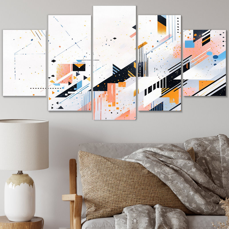 «Peach Blue Bold Stripes» - Art mural sur toile cubisme - 5 panneaux