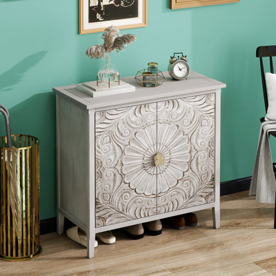 Armoire 2 portes au design américain - pour chambre à coucher, salon, bureau. Grain de bois transparent peint à la main. Toit orné d'écorce, panneau en relief, couche réglable, poignée dorée, coussinets antidérapants, déversement, gris