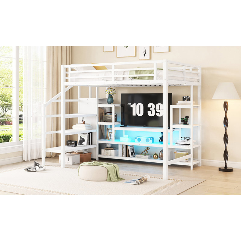 Lit mezzanine en métal avec meuble télé, marches et agencement pratique - garde-robe d'escalier blanc Pure, Blanc