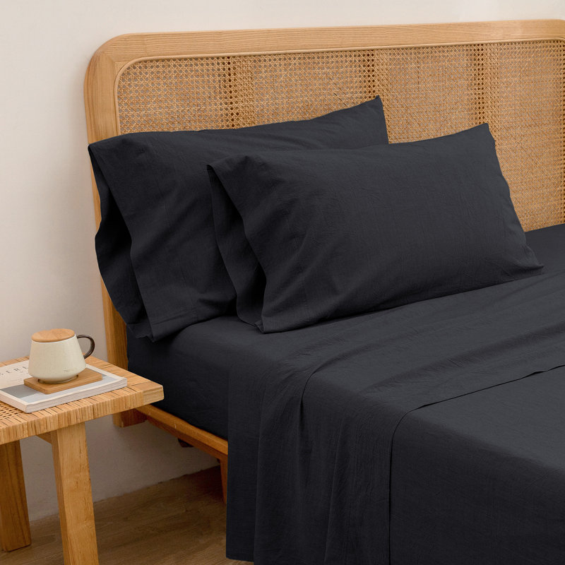 Ensemble de draps 100% coton délavé Bestouch, Ensemble de draps double / double avec 2 taies d'o, Noir profond