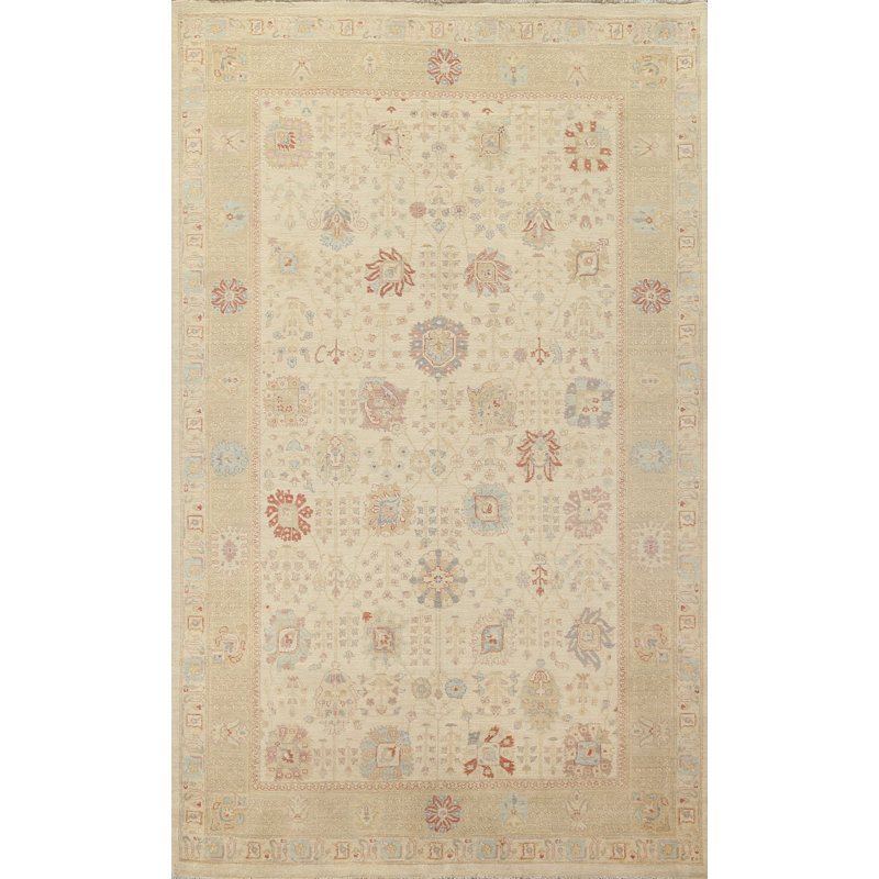 Tapis beige en laine noué à la main de conception unique 6 pi 7 po x 10 pi 0 po Peshawar Chobi