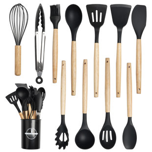 12-piece Siliware Kitchen Utensil Set In Black With Wooden Handles & Holder, Non-scratch And Heat-resistant For Non-stick Cookware