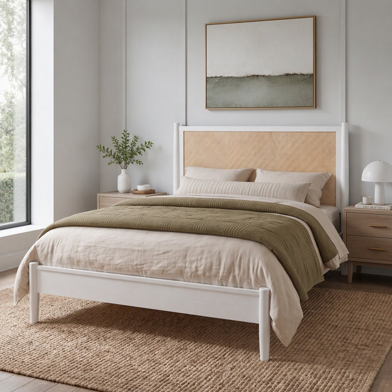 Structure de lit plateforme avec tête de lit en rotin, conception en osier de style bord de mer bohème, aucun sommier requis, support de lattes en bois