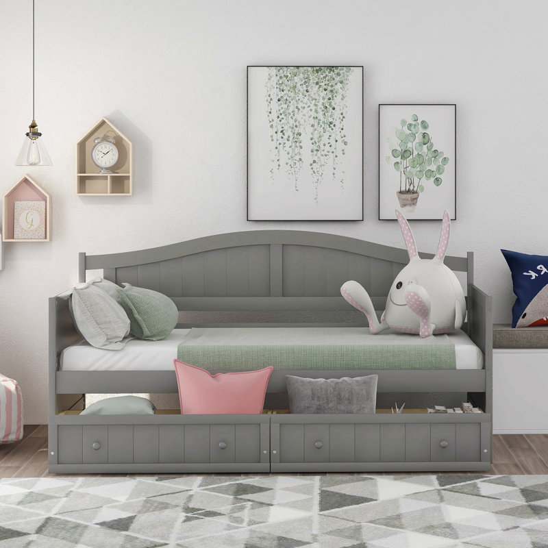Lit de jour simple en bois avec 2 tiroirs, canapé-lit pour le salon de la chambre à coucher, aucun sommier nécessaire, Gris