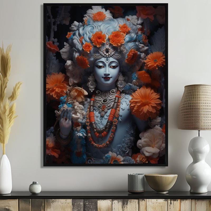 Krishna avec collier de perles et de fleurs oranges - Art mural de l'hindouisme, H 20 po x l 12 po x P 1 po