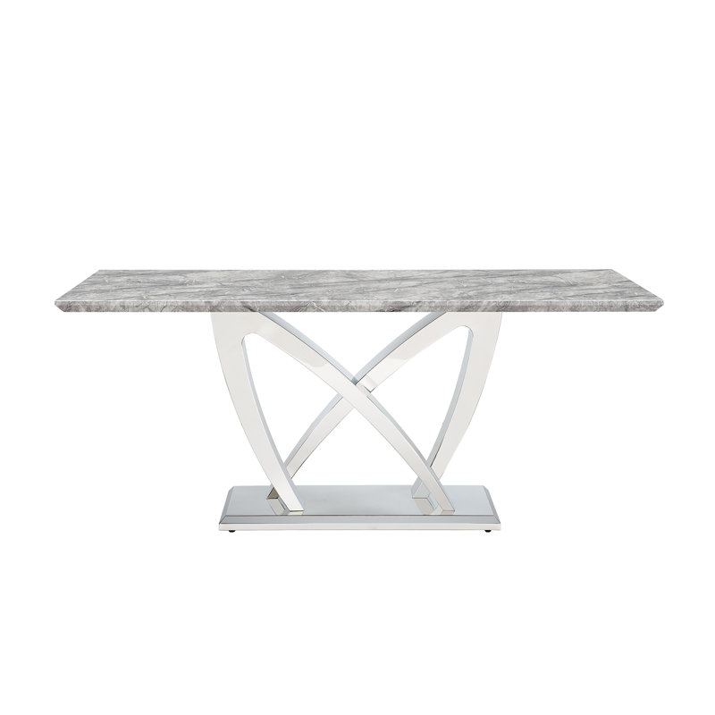 Table de salle à manger en marbre pour 6 personnes, table de salle à manger rectangulaire en faux marbre 70 po avec base en acier inoxydable à finition miroir, table de cuisine moderne en marbre de grande taille (argent, gris)