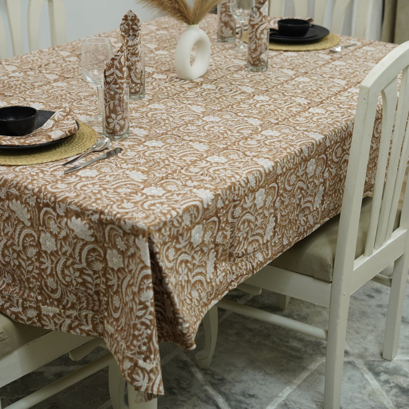 Red Barrel Studio®  Craft Luxe: Block Print Cotton Table Cover for Kitchen, Dining, and Parties - Kundanvan, 160" Rectangle