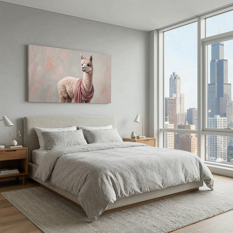 Art mural en toile alpaga blanc portant un foulard rose et un collier de lune, L 58 po x H 28 po