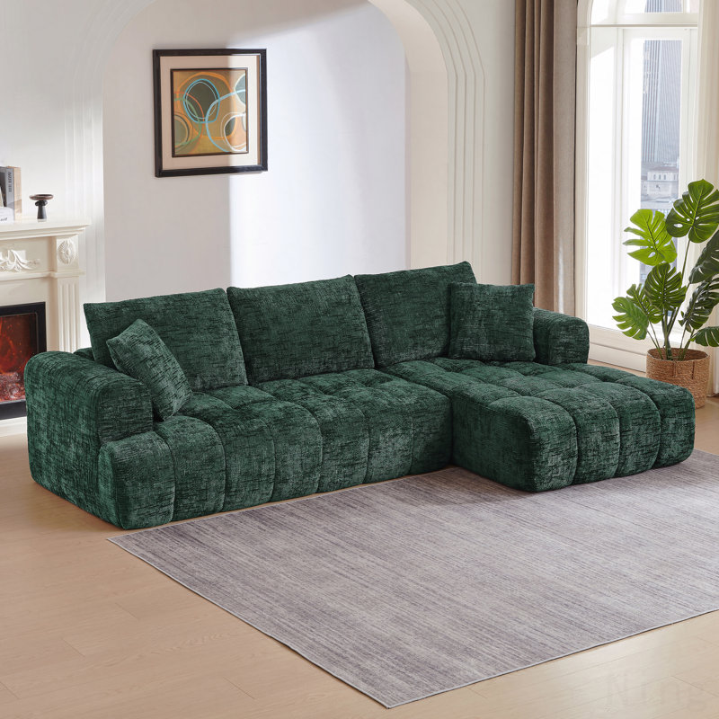 Chenille L-Shaped Tufted Modular Sectional Sofa for Living Room - Green, Right Hand Facing, Dark Green Chenille