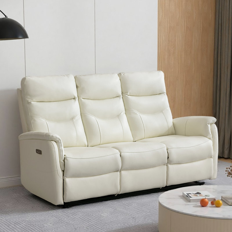 Viradis 72.4" W Genuine Leather Power Reclining Sofa, Ivory Genuine Leather