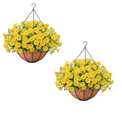 2 pièces artificielles fleurs artificielles suspendues paniers décoratifs, avec 2 pièces de paniers suspendus en fausse soie du matin, eucalyptus dans un pot de fleurs, résistant aux rayons UV, réaliste pour l'extérieur