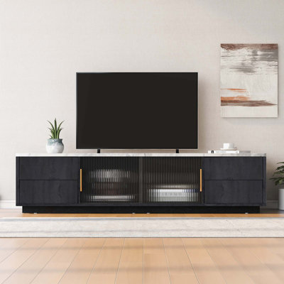 Meuble télé moderne pour téléviseur de 70 po avec 4 tiroirs, console multimédia, centre de divertissement avec grand meuble de rangement pour le salon et la chambre à coucher