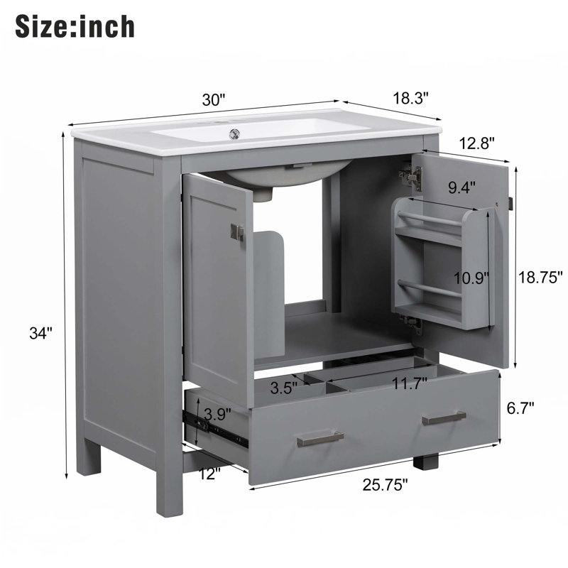 Meuble-lavabo 30 po avec lavabo simple, Argent argent, Gris
