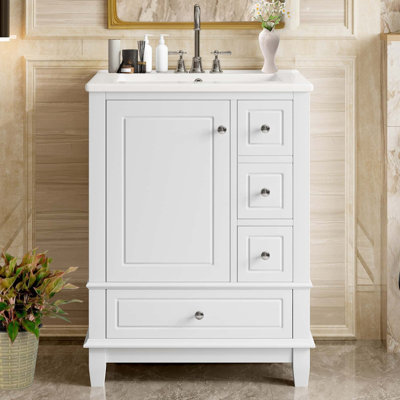 Meuble-lavabo 24 po avec lavabo et tiroirs, meuble-lavabo autoportant avec plateau en céramique et tablettes de rangement, panneau de fibres à densité moyenne et base en bois massif, meuble-lavabo moderne pour petites salles de bain