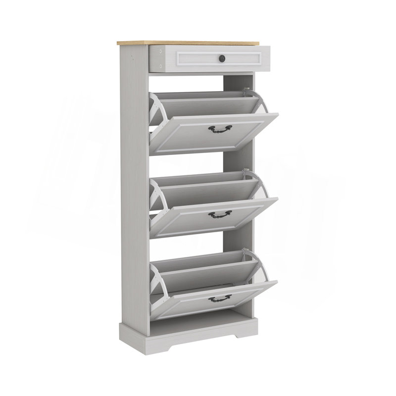 Range-chaussures avec 1 tiroir, 3 tiroirs rabattables, range-chaussures autoportant avec tablette réglable, range-chaussures pour vestibule, vestibule, range-chaussures mince - blanc antique