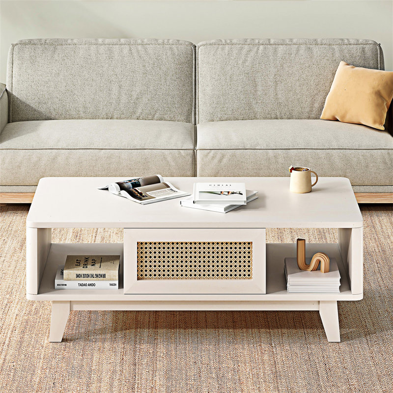 Table basse en bois avec tiroir et tablette, Blanc