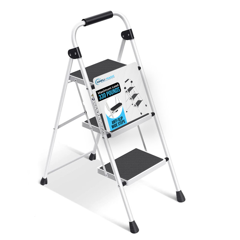 Escabeau 3 marches avec rampe, capacité de 159 kg, certifié ANSI, pliable, avec large pédale antidérapante, en acier léger, portable et pliable pour la cuisine, la salle de bain et les placards, blanc.
