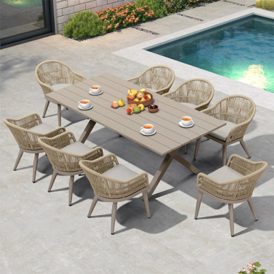 Hokku Designs  Patio Dining Set With Outdoor Aluminium Dining Table And Woven Rattan Chairs Modern Metal Furniture Cushions Sets For Garden Yard Indoor Decor Kitchen Champagne
