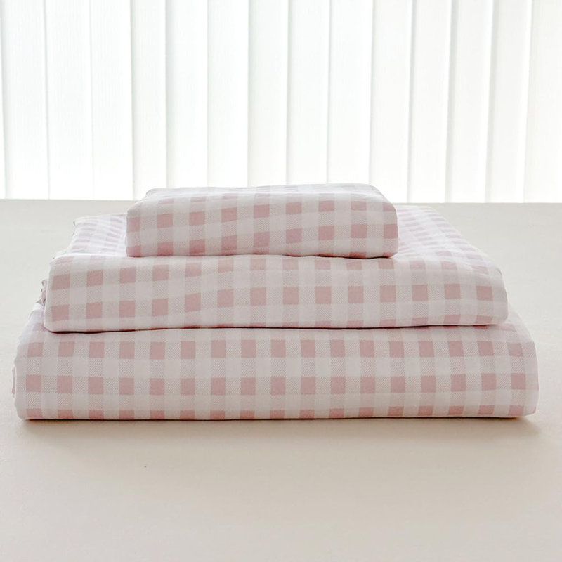 Gingham Sheet Set, Pre-Washed Microfiber Ultra-Soft Plaid Grid Sheets, Twin Sheet Set + 1 Pillowcase, Pink Gingham