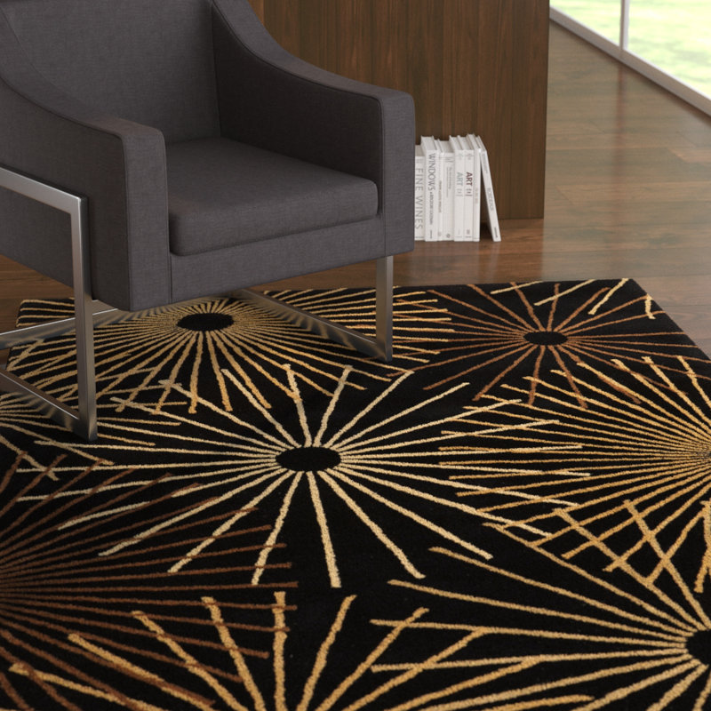 Tapis noir / brun foncé / kaki en laine touffeté à la main Deweese, Rectangle 6 pi x 9 pi