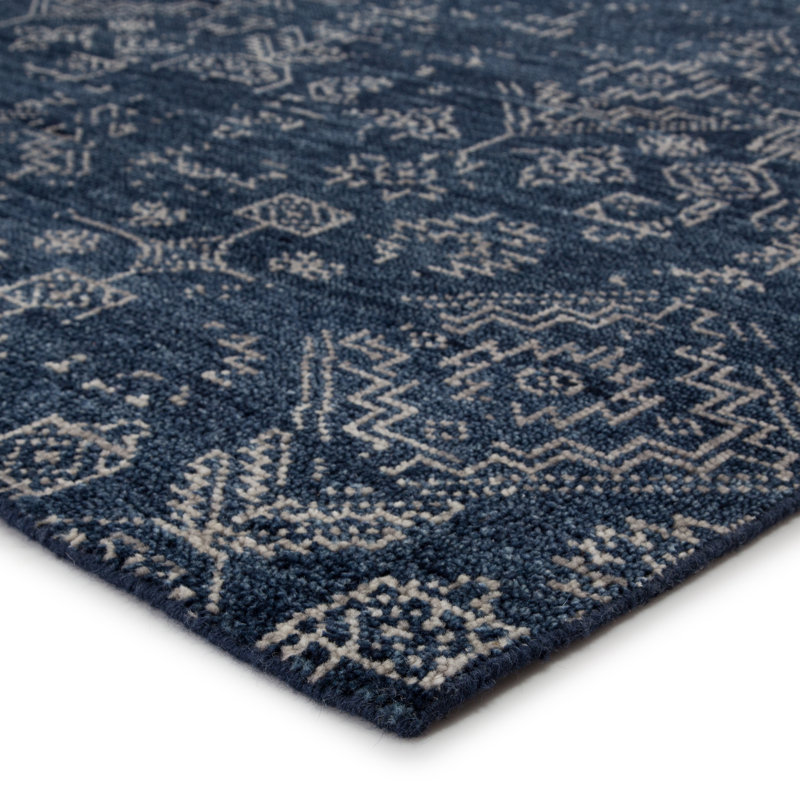 Azuma Hand Knotted Wool Geometric Area Rug in Dark Blue/Light Gray, Rectangle 5'6" x 8'