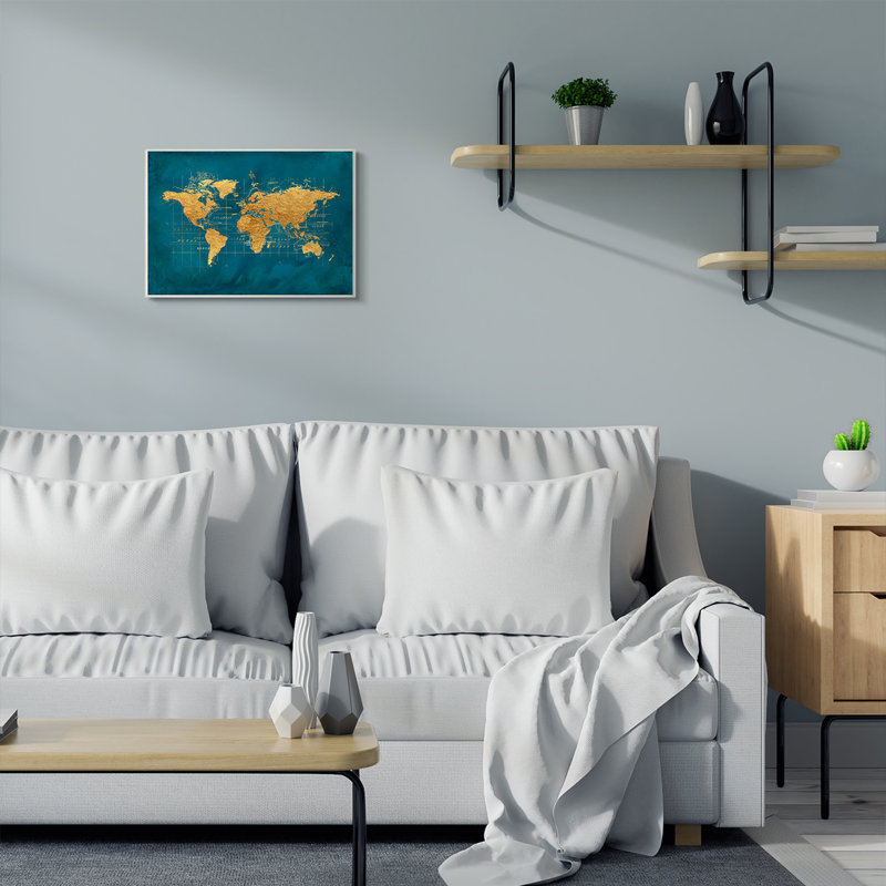 «World Map Gold Blue Texture Watercolor Map Design» par Beth Albert - impression d'art graphique, Plaque murale