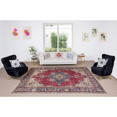 Tapis turc rétro fait à la main avec motif de médaillon