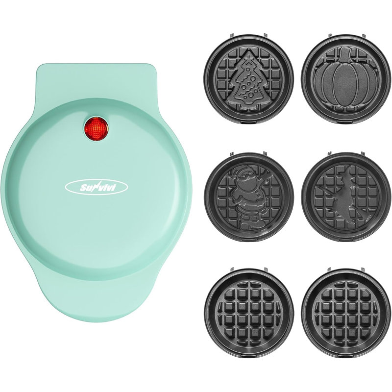 Mini gaufrier Holiday avec 6 plaques interchangeables, gaufrier électrique antiadhésif festif, bleu clair