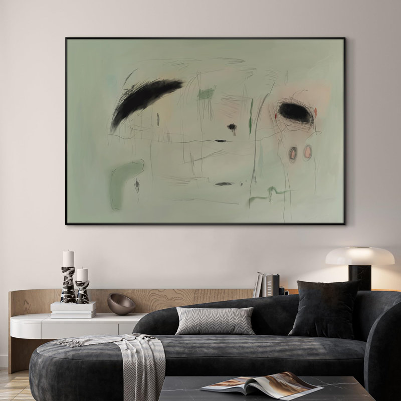 Extra Large Wall Art Fabric Print - Minimalist Abstract Black on Pale Green Artwork Decor for Living Room or Bedroom - "Frame Assembly Required (Unfinished Frame)"