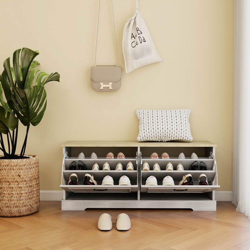 Antique White Shoe Storage Bench With Flip - Top Drawers And Adjustable Shelf For Entry, Hallway Comfortable Functional Design Entry In 2 Space Saving