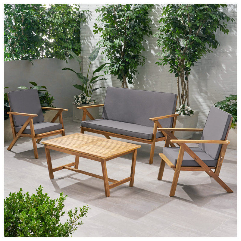 Ensemble de conversation d'extérieur 4 pièces en bois d'acacia avec coussins résistants à l'eau - Ensemble de conversation pour patio et jardin résistant aux intempéries