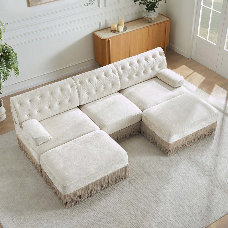 Canapé Chesterfield en U en velours respirant avec jupe de pampille modulaire, Beige