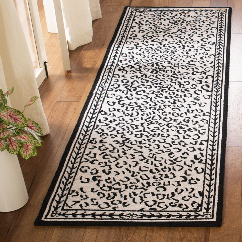 White and Black Floral Hand-Knotted Wool Runner Rug