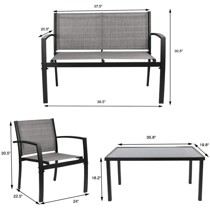 Ensemble de 4 pièces de mobilier de patio pour l'extérieur Ensemble de bistro extérieur PVC-coated polyester Ensemble de conversation moderne Ensemble de bistro noir avec causeuse