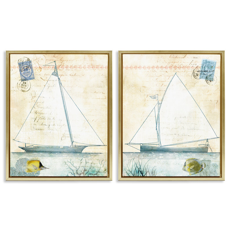 Ensemble de 2 voiliers encadrés avec voiliers rétro, conception par Susan Arnot, H 21 po x l 17 po